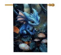 Bandiera da giardino con drago blu magico, creatura fantasy con funghi, decorazione da giardino, striscione decorativo su entrambi i lati, incantevole decorazione per esterni primaverile estate 71 x