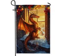 Bandiera da giardino con drago, creatura fantasy arancione, bandiere decorative per esterni, double face, decorazione invernale per la casa, decorazione per la casa, patio a tema natura, cartello per