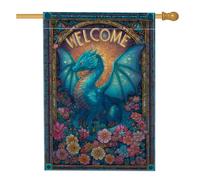 Bandiera da giardino con drago di benvenuto, creatura mitica blu, decorazione floreale per esterni, striscione primaverile estivo, design a doppia faccia per la decorazione della casa e del giardino