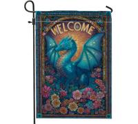 Bandiera da giardino con drago di benvenuto, creatura mitica blu, decorazione floreale per esterni, striscione primaverile estivo, design a doppia faccia per la decorazione della casa e del giardino