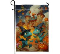 Bandiera da giardino con drago di Halloween, bandiera blu con simpatici mostri e zucca, bandiera su entrambi i lati in iuta da cortile per vacanze all'aperto decorazione per prato 30,5 x 45,7 cm