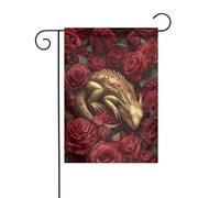 Bandiera da giardino con drago dorato che dorme nel campo delle rose, 30 x 45 cm, verticale, double face, decorazione per case in campagna, decorazione esterna