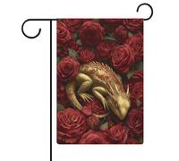 Bandiera da giardino con drago dorato che dorme nel campo delle rose, in iuta su entrambi i lati, 30,5 x 45,7 cm