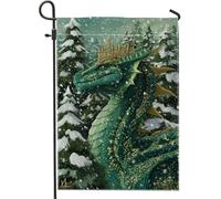 Bandiera da giardino con drago, fantasia invernale con neve reale verde invernale su entrambi i lati, piccola bandiera da giardino per esterni, patio, prato, portico, ingresso, campeggio, 30,5 x 45,7