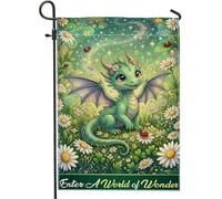 Bandiera da giardino con drago, fantasiosa crisantemo coccinella estiva verde su entrambi i lati, bandiere decorative da esterno per esterni, portico, prato, patio, terrazza, 30,5 x 45,7 cm