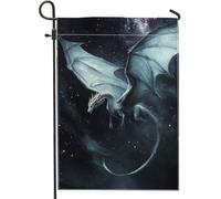 Bandiera da giardino con drago fantasy, blu cielo notturno bianco drago alato decorazione per la casa bandiere da giardino, bandiera da giardino in iuta su entrambi i lati, decorazione per esterni