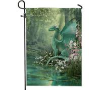 Bandiera da giardino con drago fantasy, color foglia di tè, creatura mitica floreale, decorazione per la casa, bandiera su entrambi i lati in iuta per cortile, decorazione per prato esterno, 30,5 x