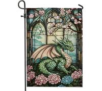 Bandiera da giardino con drago fantasy, creatura medievale verde, decorazione floreale per la casa e il giardino, bandiera da giardino in vetro colorato su entrambi i lati, decorazione stagionale per