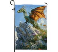 Bandiera da giardino con drago fantasy, decorazione per esterni con drago alato verde, in iuta su entrambi i lati, striscione autunnale per prato, decorazione fantasiosa della natura, 30,5 x 45,7 cm