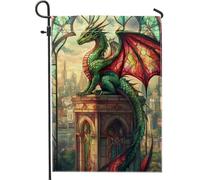 Bandiera da giardino con drago fantasy, drago mistico verde, decorazione per la casa e il giardino, decorazione da giardino su entrambi i lati, decorazione per esterni, stile mitico stagionale, 30,5 x