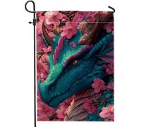 Bandiera da giardino con drago fantasy primaverile, color foglia di tè, creatura mitica floreale, decorazione per la casa, bandiera su entrambi i lati in iuta per cortile, decorazione per prato