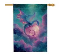 Bandiera da giardino con drago fantasy, vibrante foglia di tè e nuvole illuminate di luna, striscione decorativo da cortile, decorazione colorata su entrambi i lati, decorazione per la casa all'aperto