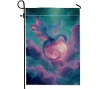 Bandiera da giardino con drago fantasy, vibrante foglia di tè e nuvole illuminate di luna, striscione decorativo per cortile, decorazione per esterni colorata su entrambi i lati, decorazione per la