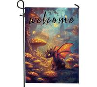 Bandiera da giardino con drago fantasy, vivace scena di funghi, decorazione per esterni, striscione di benvenuto per tutte le stagioni, graziosi accenti da giardino per la decorazione del prato 30,5 x