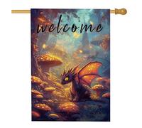 Bandiera da giardino con drago fantasy, vivace scena di funghi, decorazione per esterni, striscione di benvenuto per tutte le stagioni, graziosi accenti da giardino per la decorazione del prato, 71 x