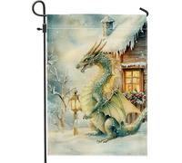 Bandiera da giardino con drago invernale, motivo creatura fantasy verde, bandiere per esterni, cartello decorativo su entrambi i lati per decorazioni stagionali, decorazione per prato e patio singolo