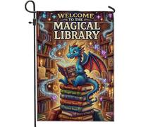 Bandiera da giardino con drago, libri fantasiosi, in iuta blu, su entrambi i lati, piccola bandiera da giardino per esterni, prato, portico, patio, ingresso, 30,5 x 45,7 cm