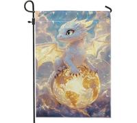 Bandiera da giardino con drago magico primaverile ed estivo, creatura fantasy bianca, decorazione per la casa e il giardino, in poliestere su entrambi i lati, decorazione per prato per feste