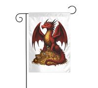 Bandiera da giardino con drago rosso e arancione su un mucchio di tesoro dorato 30 x 45 cm verticale su entrambi i lati per case coloniche decorazioni esterne bandiera cortile