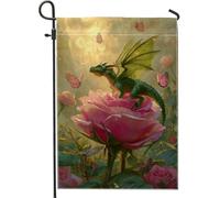 Bandiera da giardino con drago verde fantasia, decorazione floreale con rosa pesca per primavera estate, decorazione per la casa esterna su entrambi i lati, elegante design a farfalla per decorazione