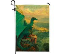 Bandiera da giardino con drago verde fantasy, creatura magica per esterni, striscione stagionale per la casa per primavera estate, opera d'arte vibrante su entrambi i lati, decorazione per prato per