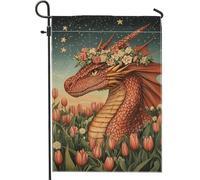 Bandiera da giardino con dragone floreale primaverile ed estate, creatura mitica rossa con tulipani, striscione decorativo per la casa, arte da giardino su entrambi i lati per decorazione esterna del