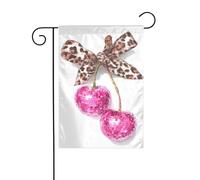 Bandiera da giardino con due ciliegie rosa lucido, palla da discoteca, 30 x 45 cm, verticale su entrambi i lati, decorazione per casa colonica, vacanze, esterni, bandiera da cortile