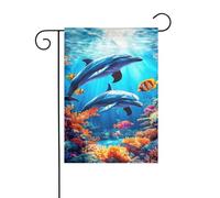 Bandiera da giardino con due delfini che nuotano, 12x18, verticale, bifacciale, decorazione per esterni, per le vacanze in stile fattoria.