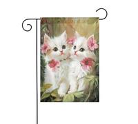 Bandiera da giardino con due gattini bianchi e fiori rossi, 30 x 45 cm, verticale su entrambi i lati, decorazione per casa colonica, vacanze, esterni, bandiera da cortile