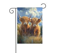 Bandiera da giardino con due mucche delle Highland con corna lunghe, 30 x 45 cm, verticale, double face, decorazione per casa colonica