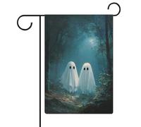Bandiera da giardino con due simpatici fantasmi nel bosco oscuro per vacanze stagionali in iuta double face per casa cortile bandiere esterne 30,5 x 45,7 cm