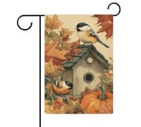 Bandiera da giardino con due uccelli su una vecchia casetta per uccelli autunnale con zucche stagionali in iuta su entrambi i lati, 30,5 x 45,7 cm