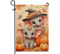 Bandiera da giardino con elefanti autunnali, graziosi elefanti grigi con zucche, decorazione per la casa, striscione da giardino, bandiera da giardino in iuta su entrambi i lati, decorazione per