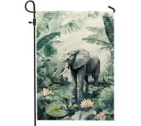 Bandiera da giardino con elefanti tropicali, decorazione botanica verde per fauna selvatica, decorazione per prato esterno in iuta su entrambi i lati, decorazione per la casa, safari estivi, bandiera