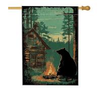 Bandiera da giardino con falò a forma di orso, verde scuro, decorazione rustica per la casa, in iuta su entrambi i lati, decorazione per prato all'aperto, autunno inverno, vacanze, feste, 71 x 101 cm