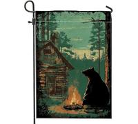 Bandiera da giardino con falò a forma di orso, verde scuro, decorazione rustica per la casa, in iuta su entrambi i lati, decorazione per prato all'aperto, autunno inverno, vacanze, feste, 30,5 x 45,7