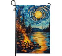 Bandiera da giardino con falò notturno stellato, decorazione per esterni con foresta al chiaro di luna blu, bandiera su entrambi i lati, decorazione stagionale per prato, 30,5 x 45,7 cm