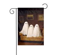 Bandiera da giardino con famiglia di fantasmi seduti sul divano, 30 x 45 cm, verticale, double face, decorazione per casa colonica