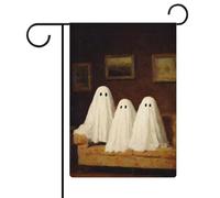 Bandiera da giardino con famiglia di fantasmi seduti sul divano, in iuta su entrambi i lati, 30,5 x 45,7 cm