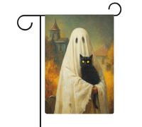 Bandiera da giardino con fantasma bianco con gatto nero e chiesa e cimitero, in iuta su entrambi i lati, 30,5 x 45,7 cm
