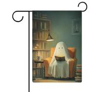 Bandiera da giardino con fantasma carino che legge sotto una lampada morbida, per vacanze stagionali, in iuta, double face, per casa, cortile, esterni, 30,5 x 45,7 cm