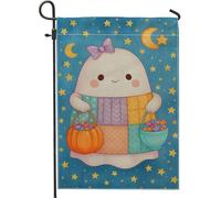Bandiera da giardino con fantasma carino di Halloween, decorazione per esterni con luna blu e stelle, striscione in iuta su entrambi i lati, per feste autunnali, decorazione per prato, 30 x 45 cm