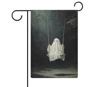 Bandiera da giardino con fantasma carino su altalena, fantasia scura, in iuta su entrambi i lati, 30,5 x 45,7 cm