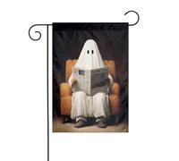 Bandiera da giardino con fantasma che legge il giornale in poltrona, 30 x 45 cm, verticale, double face, decorazione per casa colonica, vacanze, esterni, bandiera da cortile
