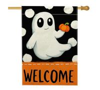 Bandiera da giardino con fantasma di Halloween, striscione di benvenuto a pois neri, bandiera decorativa su entrambi i lati, in iuta per esterni, decorazione per prato, 71 x 101 cm