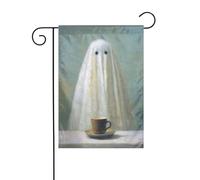 Bandiera da giardino con fantasma e tazza da caffè, 30 x 45 cm, verticale, double face, decorazione per case in campagna, vacanze esterne, bandiera da cortile