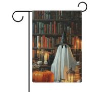 Bandiera da giardino con fantasma strega seduto in biblioteca per vacanze stagionali in iuta double face per casa cortile bandiere esterne 30,5 x 45,7 cm