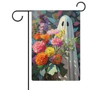 Bandiera da giardino con fantasmi e fiori di Halloween per vacanze stagionali in tela da imballaggio su entrambi i lati, 30,5 x 45,7 cm