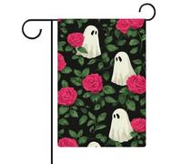 Bandiera da giardino con fantasmi e rose in stile cartone animato, bandiera per esterni e vacanze stagionali, bandiera su entrambi i lati, 30,5 x 45,7 cm