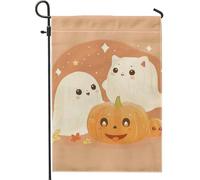 Bandiera da giardino con fantasmi e zucche carini di Halloween, decorazione beige per Halloween, bandiera da cortile in iuta su entrambi i lati, decorazione per feste all'aperto, 30,5 x 45,7 cm